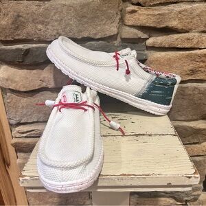 Hey Dude White Slip-On Shoes with Red‎ and Green Accents